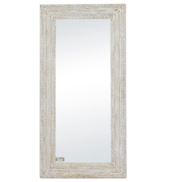 Hukma Wooden Carved Designer Mirror Frame - The White Antique finish gives this mirror frame a vintage charm, adding character and allure to your home decor. carved detailing and intricate patterns make it a work of art that effortlessly complements a variety of interior styles.