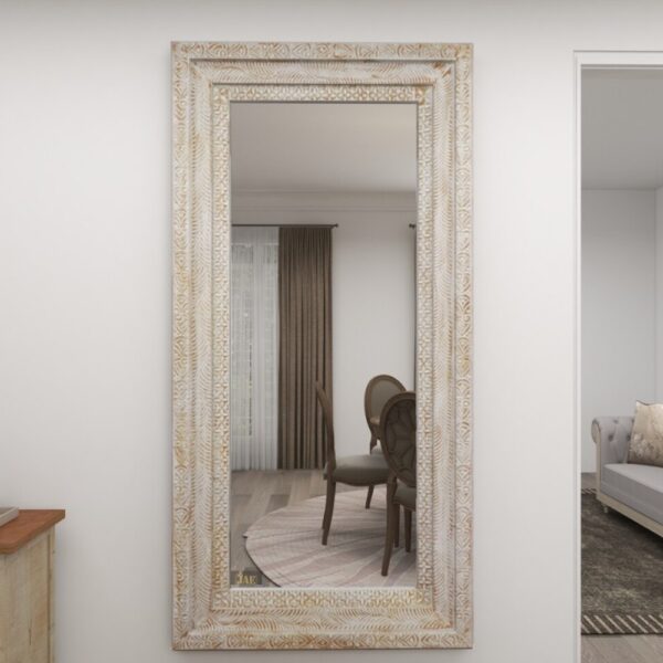 Crafted with utmost care and precision, the Hukma Wooden Carved Designer Mirror Frame (White Antique) reflects the dedication of our skilled artisans