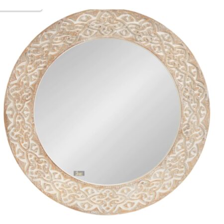 Falko Wooden Round Mirror for Wall bathed in sunlight, showcasing its White Brown Distress finish and inviting circular shape.