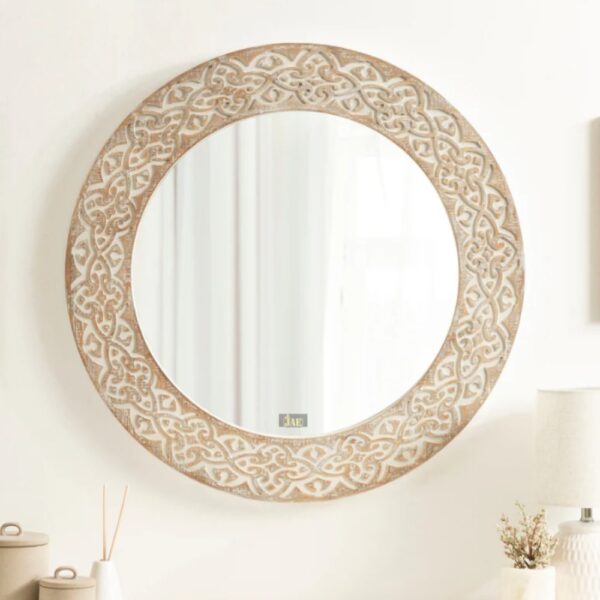 Handcrafted from Mango wood, the Falko Wooden Round Mirror for Wall (White Brown Distress) whispers stories of sun-kissed beaches and coastal charm