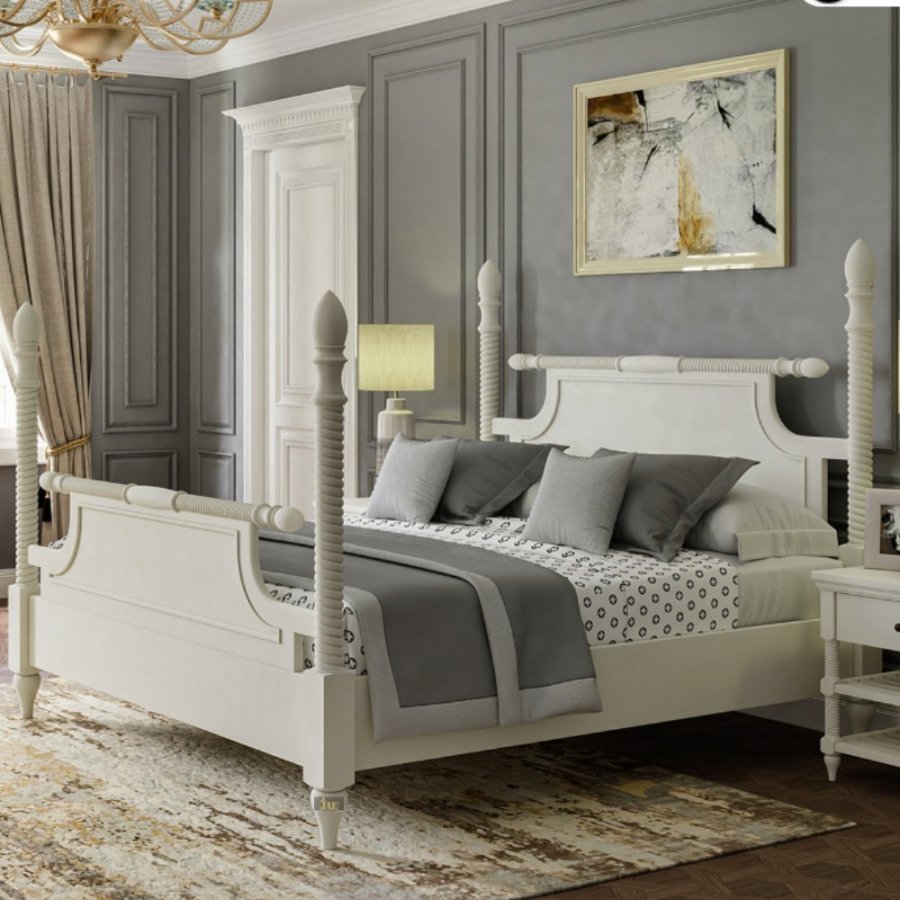 Wikan Wooden Designer Poster Bed (White) - Lifestyle Setting. The four beautifully crafted posters add a regal touch to the overall aesthetics, elevating the wooden designer poster bed's visual appeal and making it a focal point in your bedroom decor. | 4 poster beds by jae furniture | solid wood double beds | wooden beds by jae furniture | solid wood furniture online