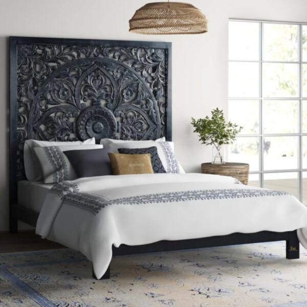 Praja Wooden Carved Designer Bed (Antique Black) - The Praja Wooden Carved Designer Bed in Antique Black finish - a mesmerizing creation that combines elegance and craftsmanship to elevate your bedroom decor.