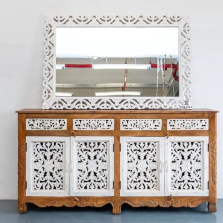 Atena Sideboard with Mirror Frame (White Brown) - Introducing the Atena Sideboard with Mirror Frame in a captivating White Brown Distress finish, a timeless piece that adds both functionality and charm to your living space.