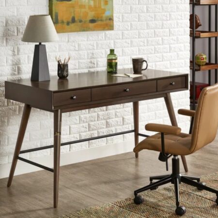 Pina Wooden Study Table in a rich Walnut finish, bathed in soft light, showcasing its expansive surface and organized storage. Wooden Study Table | Solid Wood Study Room Furniture | Study Table With Storage