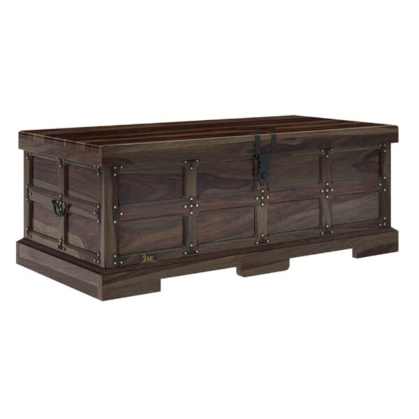 Kerim Solid Wood Coffee Tabel cum Trunk. The Walnut finish enhances the natural beauty of the Sheesham wood, providing an inviting warmth to your living space. Wooden Coffee Tables for Living Room Online.
