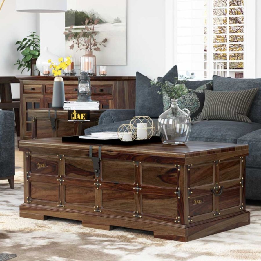 The Kerim Solid Wood Coffee Table with Trunk Storage in a stunning Walnut finish, a functional and stylish addition to your living space. Solid Wood Trunk Table for Living Room | Wooden Tables for Living Room