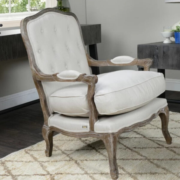 Quri Wooden Carved Arm Chair One Seater Sofa (Off White) - Off-white wooden one-seater sofa with elegant carvings, offering inviting comfort and timeless elegance