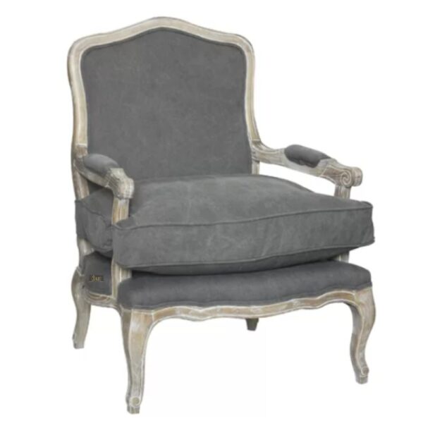 Sukre Wooden Designer Arm chair with luxurious Dark Grey upholstery and finish.