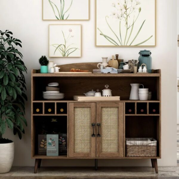 Opaque Wooden Rattan Door Bar Unit (Light Walnut) - Beautifully positioned with props and showcasing intricate details
