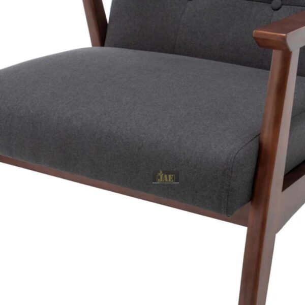 Pearl Wooden Upholstered Arm Chair in Dark Grey Finish. Detailed Shot of Grey Upholstery