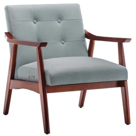 Pearl Wooden Upholstered Armchair in luxurious Gray Blue upholstery and timeless Teak finish.