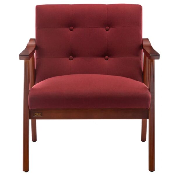 Pearl Wooden Upholstered Arm Chair (Red) - Front Angle - Detailed Upholstery Photo. Red and Teak perfection