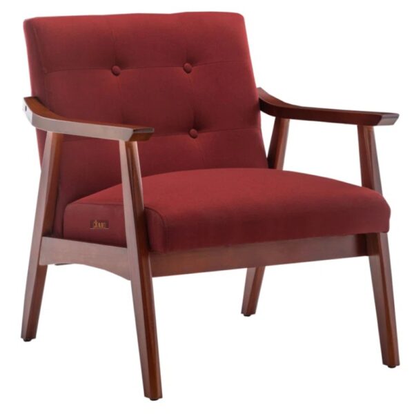 Pearl Wooden Upholstered Arm chair in captivating Red upholstery and timeless Teak finish