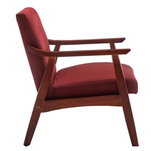 Pearl Wooden Upholstered Arm Chair (Red) - Side Angle. Premium Solid Wood Chair. Beautiful Finish.