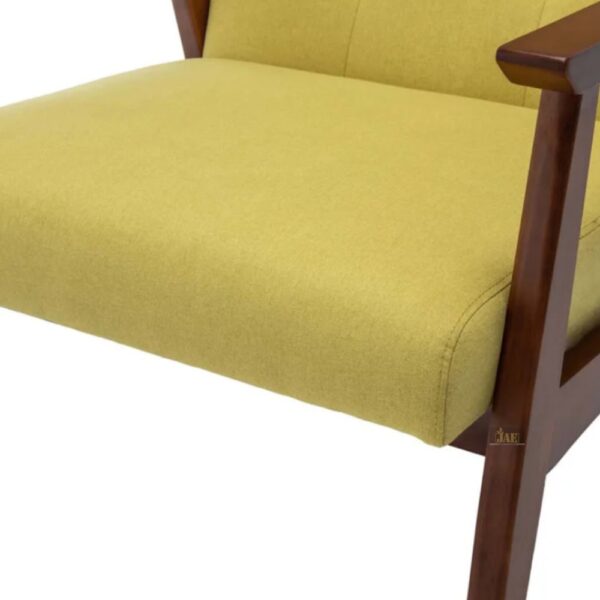 Pearl Wooden Upholstered Arm Chair (Yellow) - Detailed Seating Shot. Yellow & Teak perfection