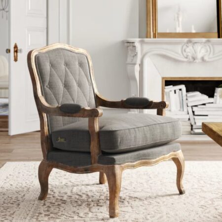 Modern meets timeless in this elegant Grey Wooden Carved Arm Chair. Crafted from solid wood, its intricate carvings whisper tales of artistry, while the plush cushions promise hours of comfortable relaxation.