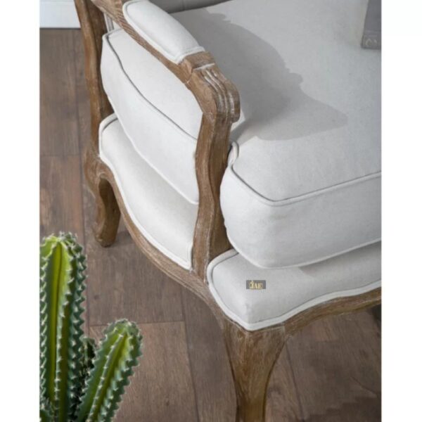 Quri Wooden Carved Arm Chair One Seater Sofa (Off White) - Close Up Shot with cactus pot plant near it to showcase its detailing in lifestyle setting