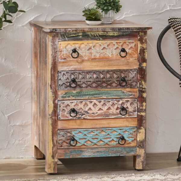 Recla Wooden Chest of Drawers with 4 Drawer in an antique finish, showcasing its rustic charm and four spacious drawers.