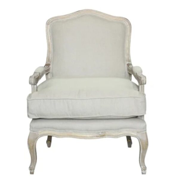 Handcrafted with care, the Sukre Wooden Designer Arm Chair in Light Grey Finish showcases intricate wood detailing.
