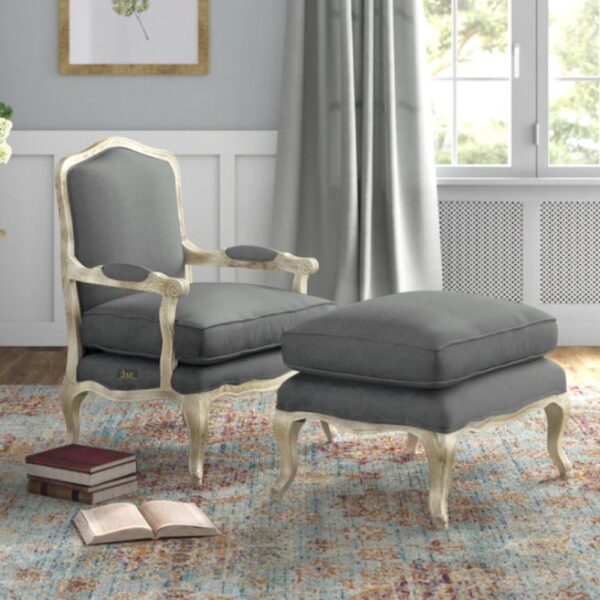 Sukre Wooden Designer Arm Chair with Foot Stool in Dark Grey Finish