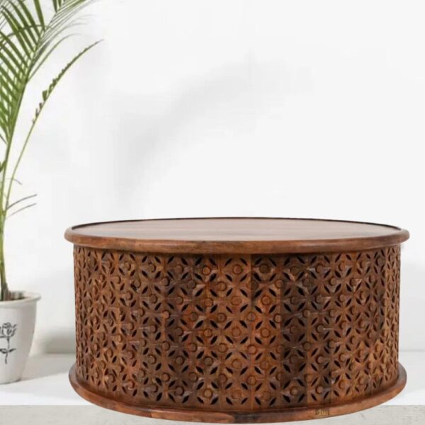 Upia Wooden Round Coffee Table (Honey Finish) | buy wood coffee table online | Carved Furniture | Antique Furniture | JAE Furniture