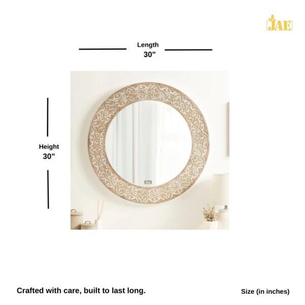 Falko Wooden Round Mirror for Wall (White Brown Distress) - Size Image. Size (in inches) : L 30 X 30 H (Inches) or 2.5×2.5 Feet