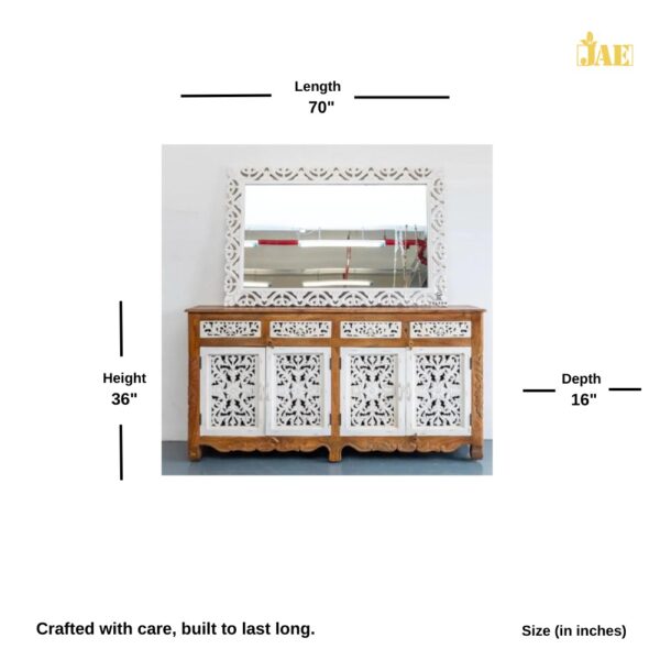 Atena Sideboard with Mirror Frame (White Brown) - Size Image. Size (in inches) Sideboard : 70 L X 16 D X 36 H