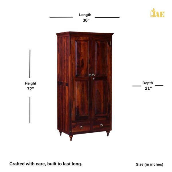 Nami Woooden Storage Wardrobe Size Image. Size (in inches) : 36 L X 21 D X 72 H . Best Wooden Storage Furniture for Bedroom.