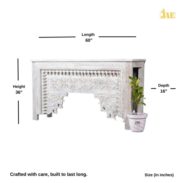 Calian Wooden Carved Console Table (White Distress) - Size Image. Size (in inches) : 60 L X 16 D X 36 H