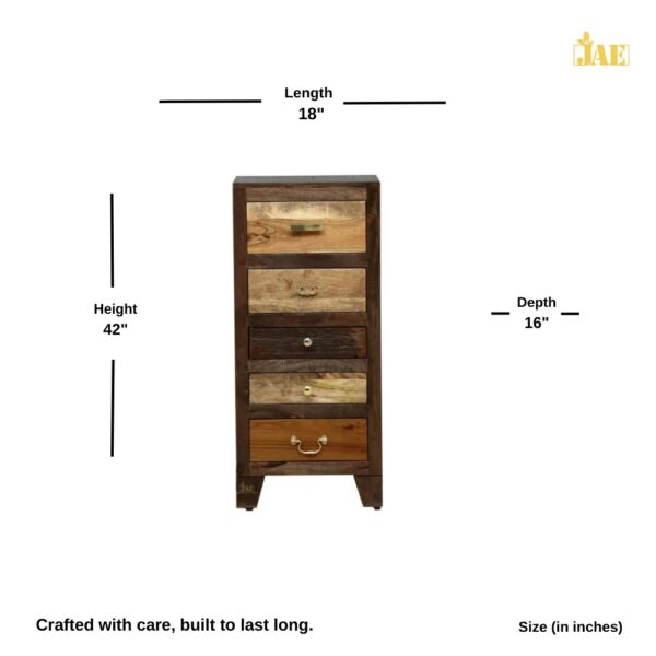 Eight Solid Wood Chest of Drawers with 5 Drawers - Size Image - JAE-1151. Size (in inches) : 18 L X 16 D X 42 H