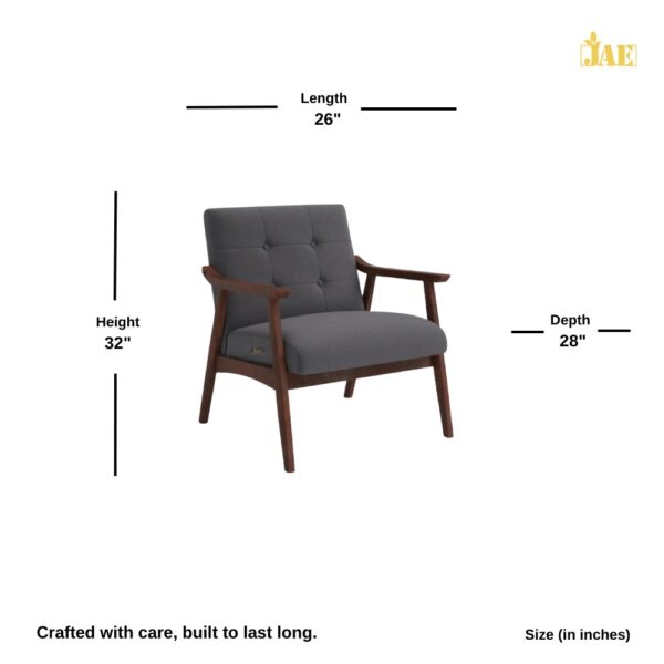 Pearl Wooden Upholstered Arm Chair in Dark Grey Finish. Size Image - JAE-1144. Size (in inches) : 26 L X 28 D X 32 H