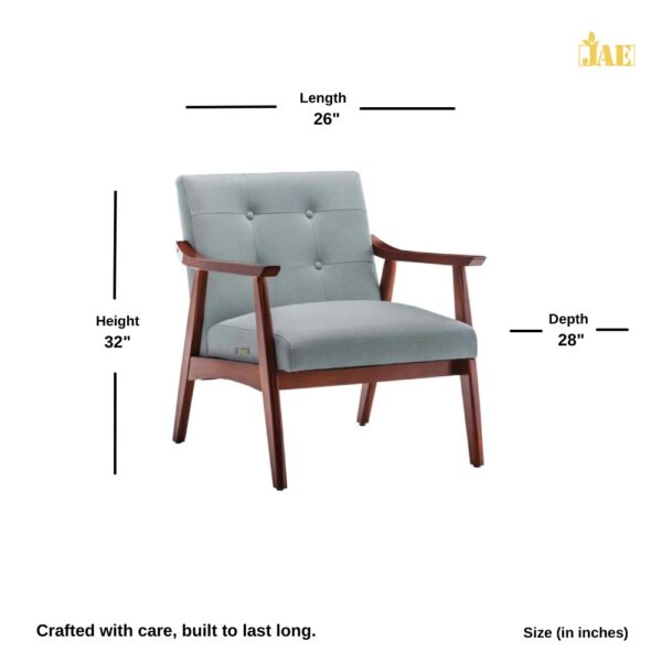 Pearl Wooden Upholstered Arm Chair in Grey Blue - Size Image - JAE-1143. Size (in inches) : 26 L X 28 D X 32 H