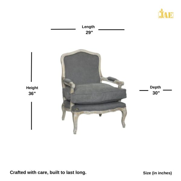 Sukre Wooden Designer Arm Chair (Dark Grey) - Size & Dimension Image - JAE-1135 Size (in inches) : 29 L X 30 D X 36 H