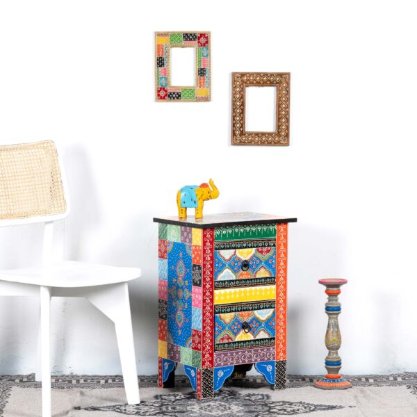 The Inia Wooden Side Table's beauty isn't just skin-deep. Its compact size makes it perfect for any space, while its sturdy construction ensures it can handle everyday use | best wooden bedside table online in India | sofa side table | wooden bedsides | bedside furniture | handmade furniture | handpainted furniture | JAE Furniture
