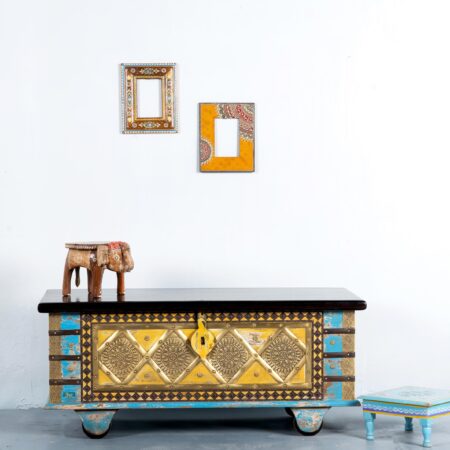 Funi Wooden Brass Fitted Trunk cum Coffee Table (Blue Distress) | Trunk cum Coffee Table for living room online in India at best prices | Living room furniture online in India at best prices | Solid wood furniture online in India at best prices | JAE Furniture
