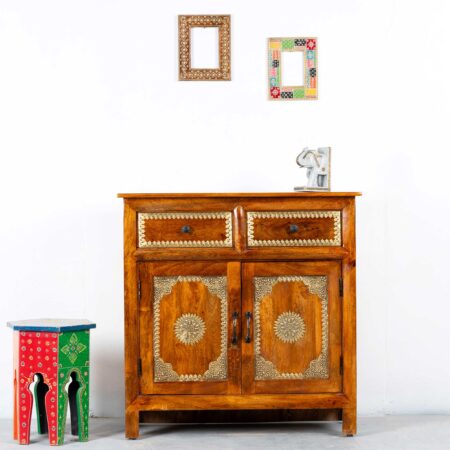 Wooden Brass Fitted Cabinet for storage | handcrafted solid wood furniture | wooden cabinet for living room online in India | Solid wood furniture online in India | JAE Furniture