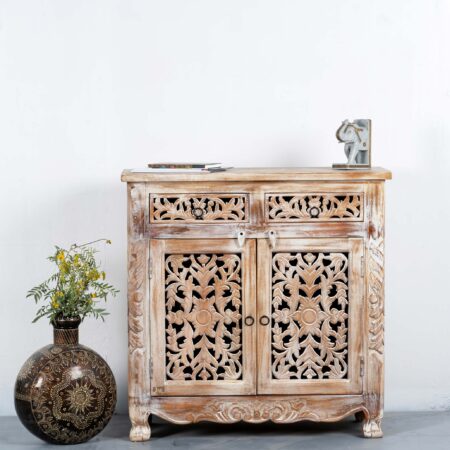 Spive Wooden Carved Cabinet with Drawers (White Distress) | Wooden Cabinet Sideboard with Drawers | Wooden Carved Furniture | Solid Wood Furniture Online | Carved Cabinet for Living Room | JAE Furniture