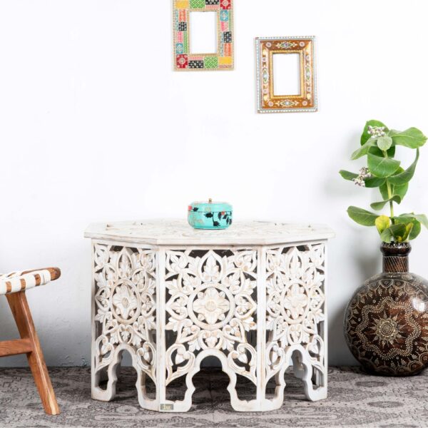 Omia Wooden Carved Coffee Table (White Distress)