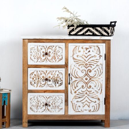 Jika Wooden Carved Cabinet (White Distress) | wooden sideboard cabinet | sideboard cabinet for living room | wooden sideboard for dining room online in India | Solid Wood Furniture | Wooden Carved Furniture online in India | JAE Furniture