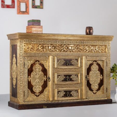 Hunika Wooden Brass Fitted Sideboard for Storage (Teak) | Sideboard for Dining Room Online in India | Wooden Crockery Uni ts Online in India | Solid Wood Furniture for Storage Online in India | JAE Furniture