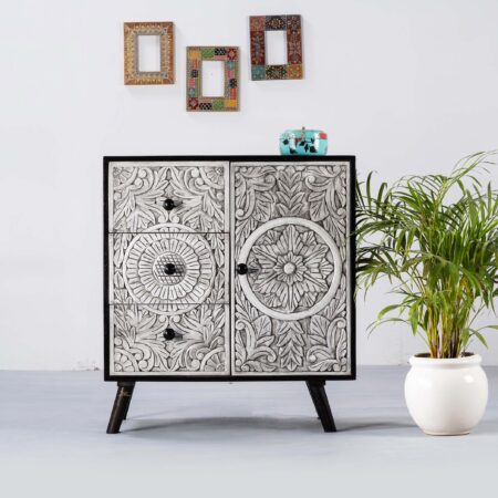 Einke Wooden Rustic Carved Cabinet (White Antique) | Wooden Carved Furniture Online | Buy Wooden Cabinets Online | Solid Wood Furniture | JAE Furniture