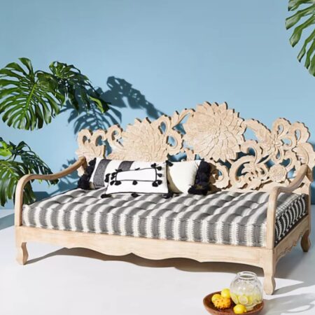 Lotus Wooden Carved Diwan Bed | Buy Wooden Carved Furniture | Buy Wooden Diwan Bed Online | Solid Wood Furniture | JAE Furniture