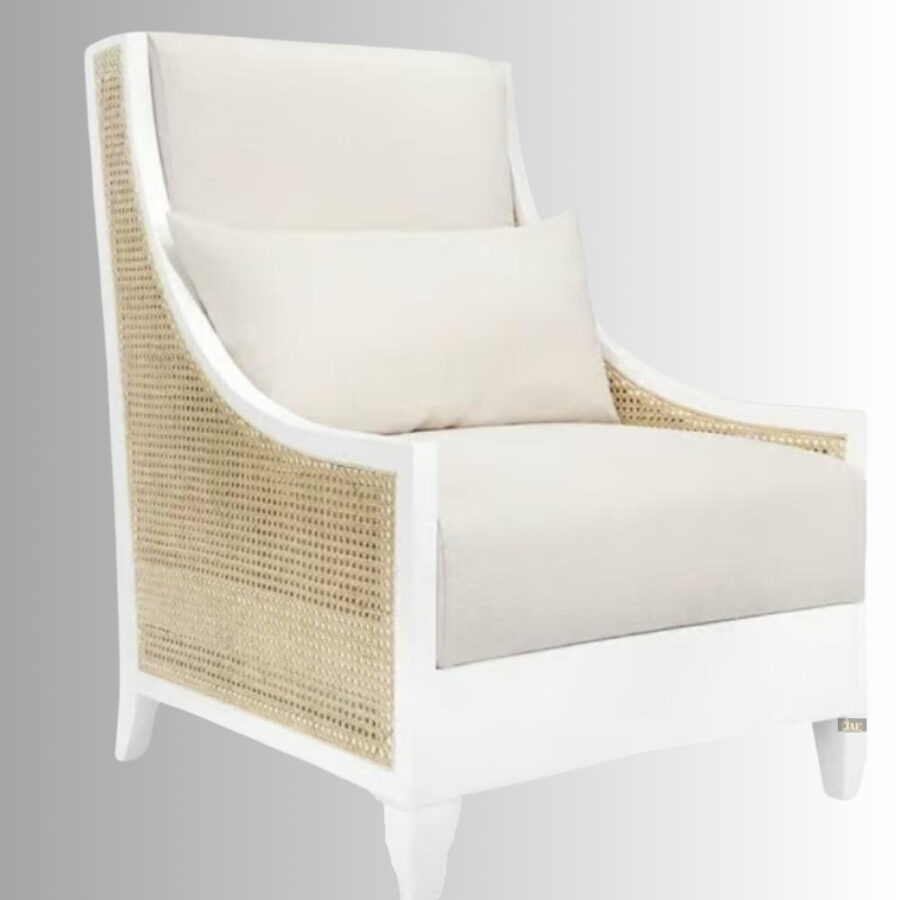 Abhis Wooden Rattan Lounge Chair (White) | Buy Wooden Lounge Chair | Buy Wooden Seating Furniture | Solid Wood Furniture | Upholstered Chairs | JAE Furniture