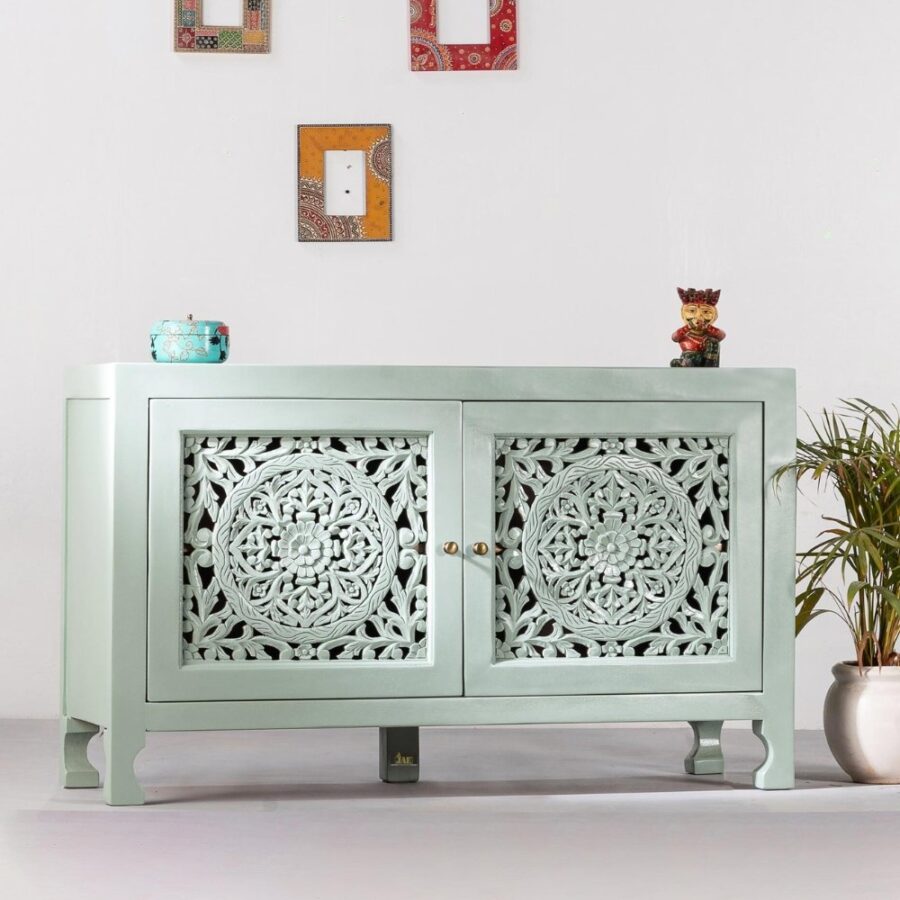 Yepa Wooden Cabinet for Storage (Green Ela) | Wooden Cabinet for Living Room | Buy Wooden Cabinet Sideboards Online | Solid Wood Furniture | JAE Furniture | Wooden Carved Furniture