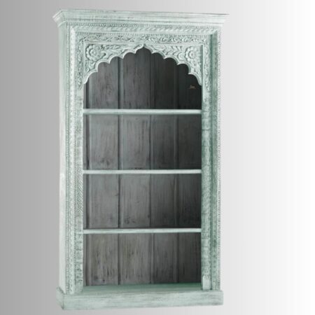 Betae Wooden Carved Book Shelf (Light turquoise) | Buy Wooden Bookshelfs Online in India | Buy Wooden Carved Furniture Online in India | Buy Solid Wood Furniture Online | JAE Furniture
