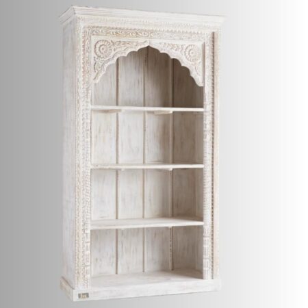 Betae Wooden Carved Book Shelf (White Distress) | Buy Wooden Bookshelf Online in India | Solid Wood Bookshelfs | Wooden Carved Furniture | Solid Wood Furniture | JAE Furniture
