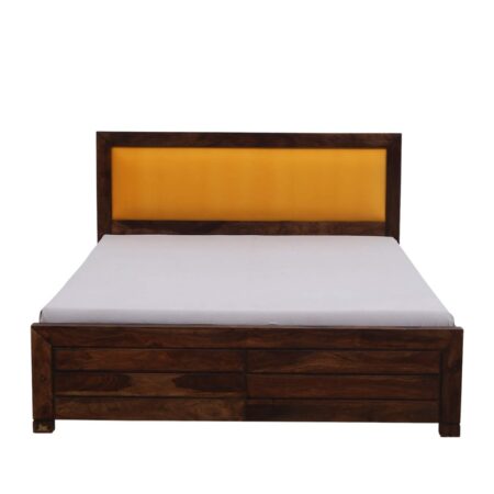Cetia Solid Wood Bed (Orange Upholstery) | Buy Wooden Upholstered Bed Online in India | Buy Wooden Double Beds Online | Solid Wood Furniture | JAE Furniture