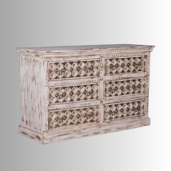 Revita Wooden Carved Brass Fitted Chest of Drawers | Buy Wooden Chest of Drawers Online in India | Buy Wooden Storage Furniture Online in India | Wooden Carved Furniture | JAE Furniture