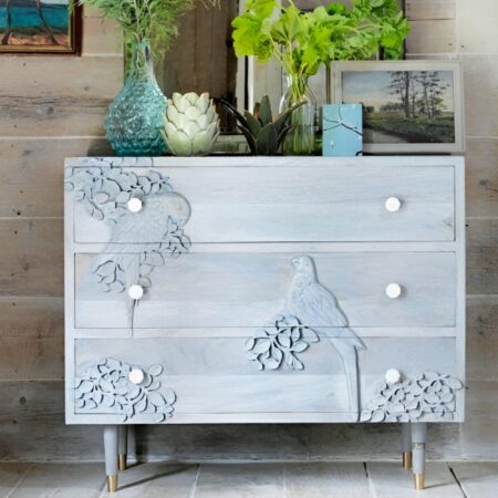Bird Cabinet with Three Drawers (Light Blue) | wooden chest of drawers online | buy dining room sideboard | sideboard cabinet | wooden cabinet | handcrafted furniture | solid wood furniture | JAE Furniture