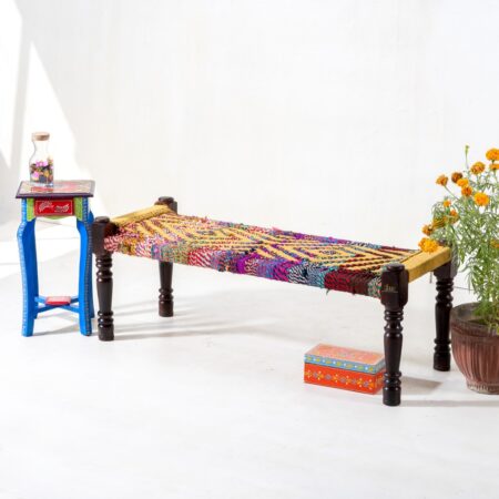 Wooden Patio Balcony Bench in Sheesham Wood (Yellow and Multicolor) | Buy Wooden Balcony Bench Online in India | Handwoven Furniture | JAE Furniture